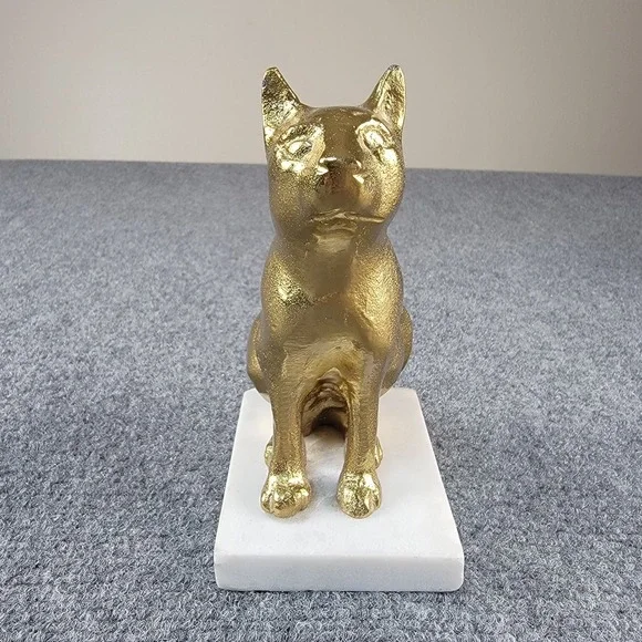 Vintage 6" Gold Textured Cat Figurine Statue on White Marble Base Bookend Decor - Picture 3 of 16